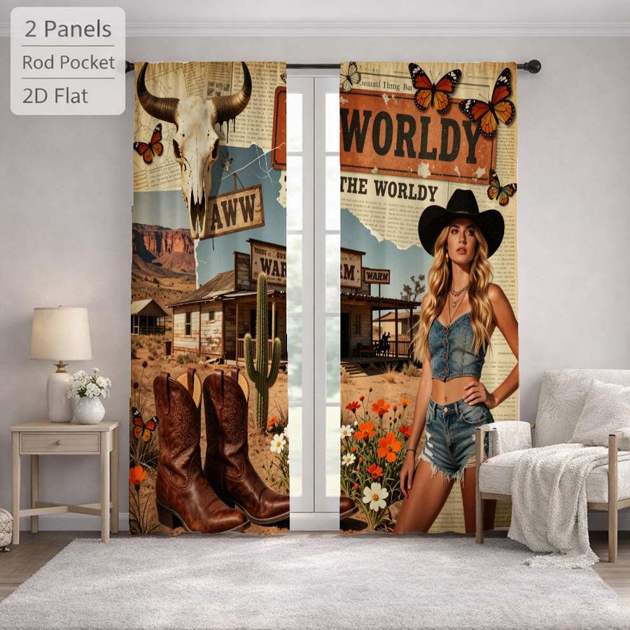 2Pcs Western Style Wild West Cow Skull Cowboy Boots Desert Cactus Sun Blocking Curtains Digital Printed Rod Pocket, Window Treatment For Bedroom Office Kitchen Living Room Study Home Decor