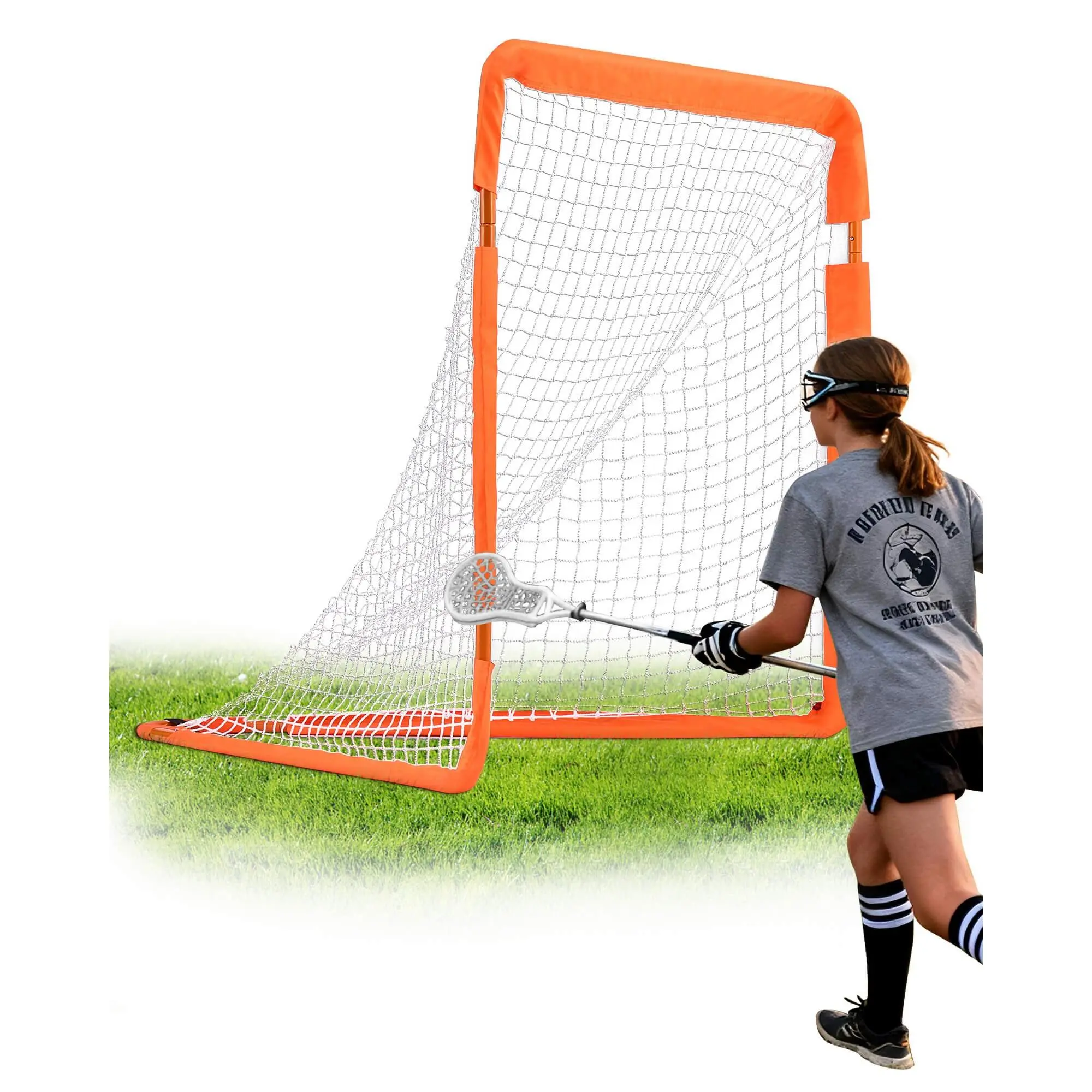 VEVOR Lacrosse Goal, 4' x 4' Small Kids Lacrosse Net, Folding Portable Lacrosse Goal with Carry Bag, Iron Frame Backyard Training Equipment, Quick Easy Setup, Perfect for Youth Training, Orange