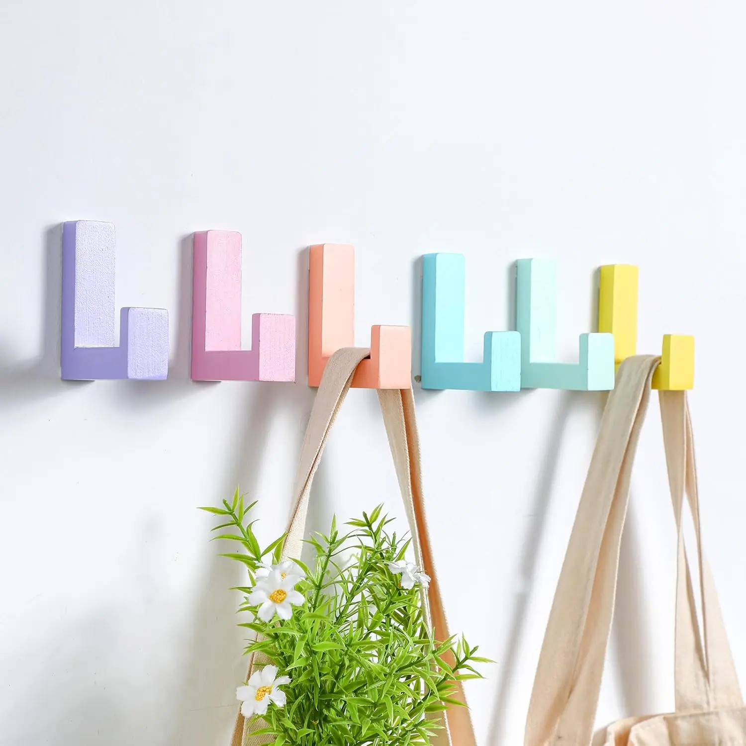 6 Pack Cute Kids Coat Wall Hooks Wooden Adhesive Decorative Colorful Wall Mounted Hangers Backpack Hooks for Hanging Keys Towel Clothes Bathroom Organization(Pastel,6 Pcs)