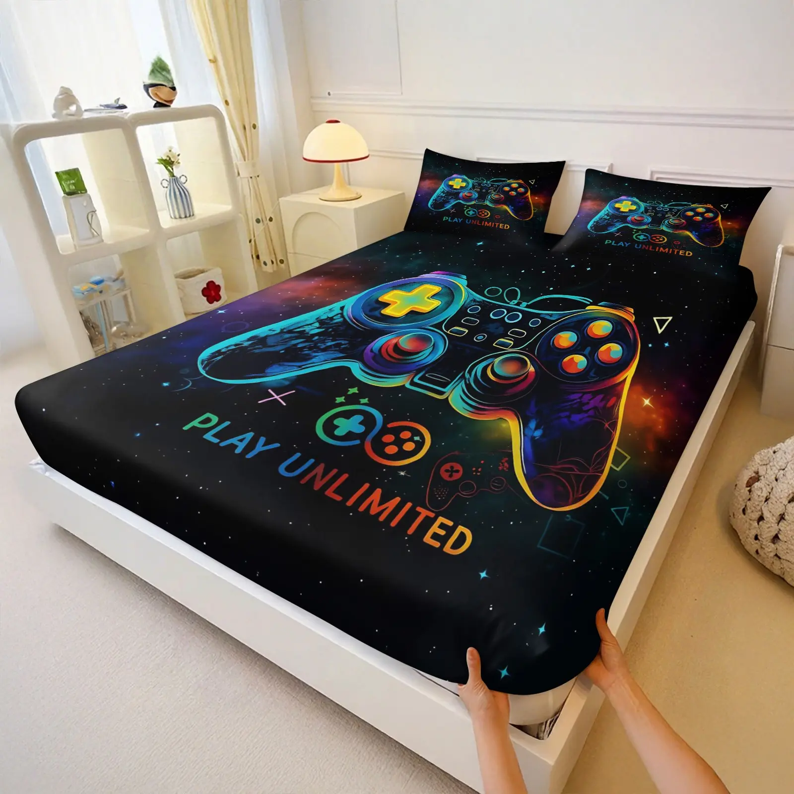 Galaxy Neon Game Controller Fitted Sheet Set, Gaming Pattern Bedding, Gamer Bedroom Decor, Includes Pillowcases, Comfortable Sleep Essentials