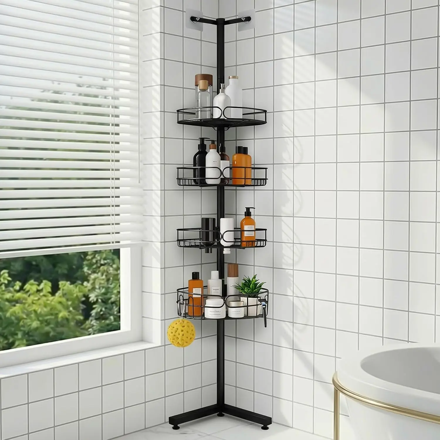 Standing Shower Caddy Corner, 4-Tier Adjustable Height Bathroom Organizer, 6-Section Pole, Sturdy Floor Standing Shelf for Shower – No Drilling, No Spring Tension