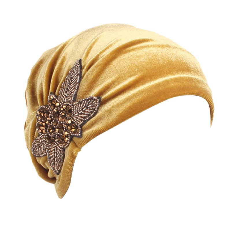 Velvet Pleated Turban Hat with Beaded Flower, Soft Hair Loss Bonnet for Women