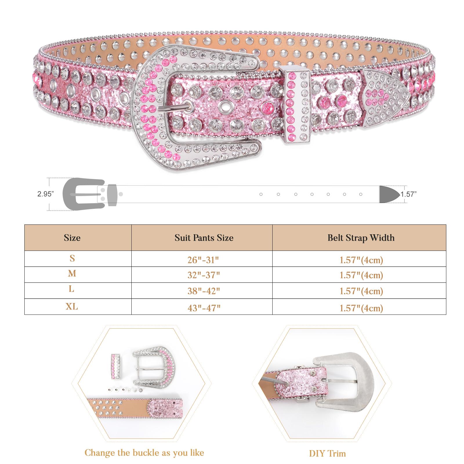XZQTIVE Western Rhinestone Studded Leather Belt Cowboy Cowgirl Bling Waist Belt for Jeans Dress, Pink, Silver,Fit Waist Size 32-37 Inches SpringStatements