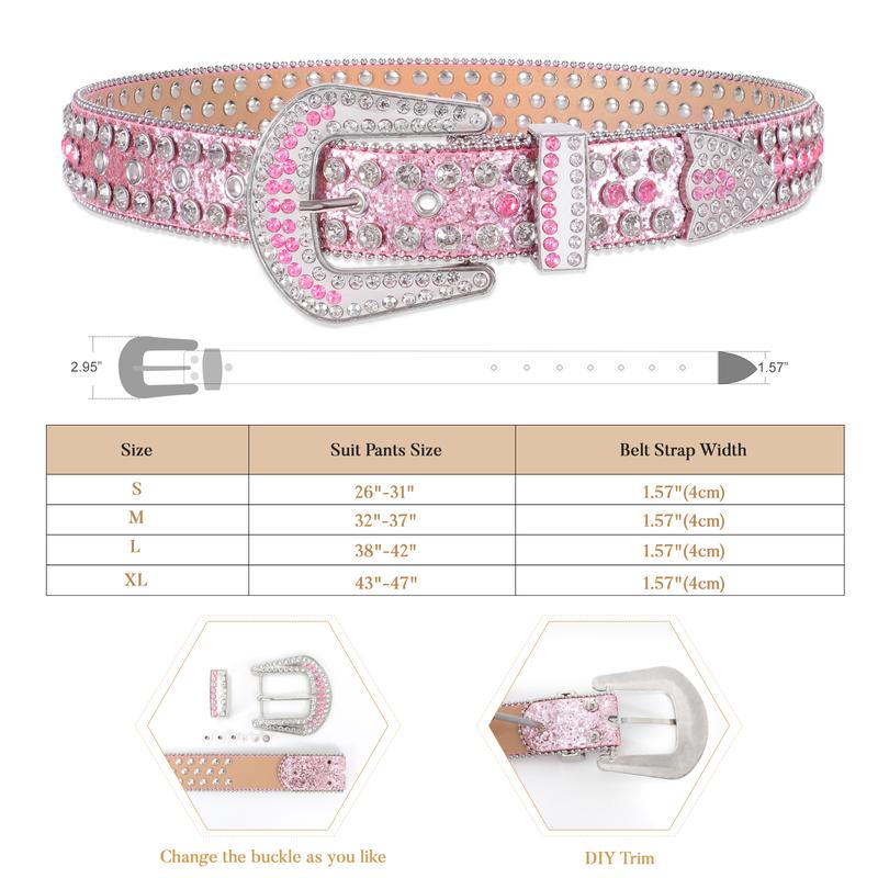 XZQTIVE Western Rhinestone Studded Leather Belt Cowboy Cowgirl Bling Waist Belt for Jeans Dress, Pink, Silver,Fit Waist Size 32-37 Inches