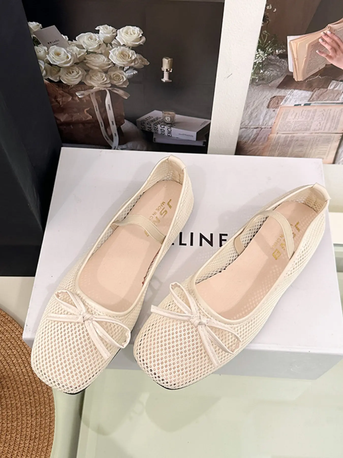 Women's Ballet Flat Shoes, Ribbon Knot Flats, Bow Decoration, Floral Embroidery, Breathable Mesh, Summer Sandals, Square Toe, Glitter Wide Fit Mary Jane Shoes