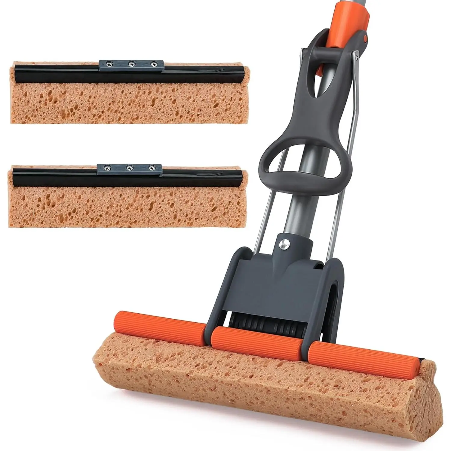 Sturdy Durable Self-Squeeze Sponge Roller Mop, 55" Long Handle, Removable & Washable, 2 Cellulose Refills for Hard Wood Tile Concrete Bathroom Kitchen Floor Cleaning (Home Supplies)
