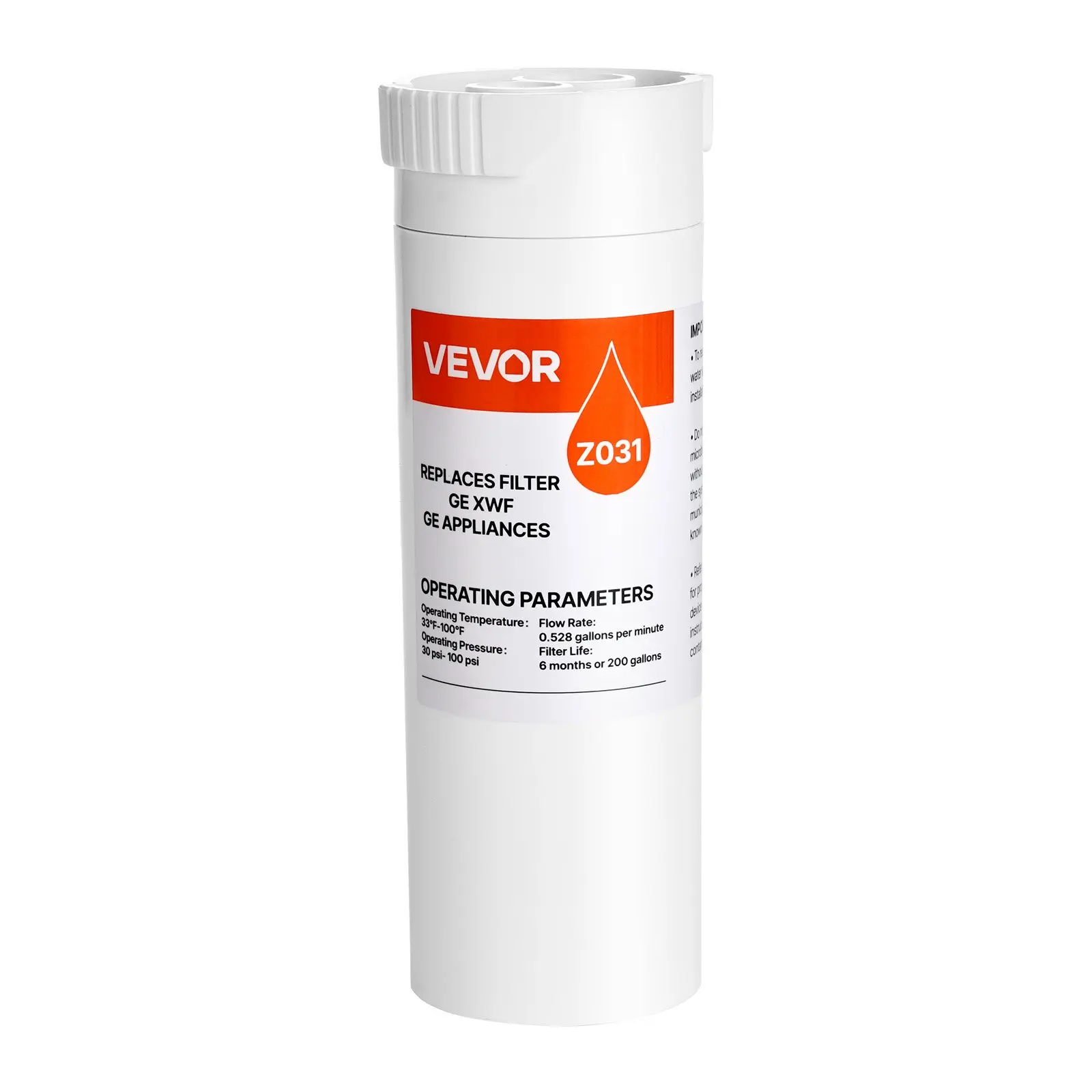 VEVOR Refrigerator Water Filter Replacement, Carbon Block Filtration for Clear Drinking Water, Certified to Reduce Chlorine, Taste Odor, Lead, Sediments, 70+ Contaminants, White, 1 Pack