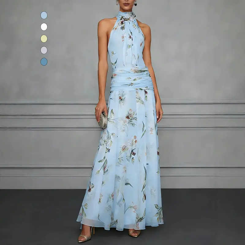 Women's Casual Polyester Sleeveless Halter-Neck Geometric Print Dress - Slim Fit, Bow Tie Cinch Waist, Long Skirt, Stylish Elegant Casual Wear Clothes