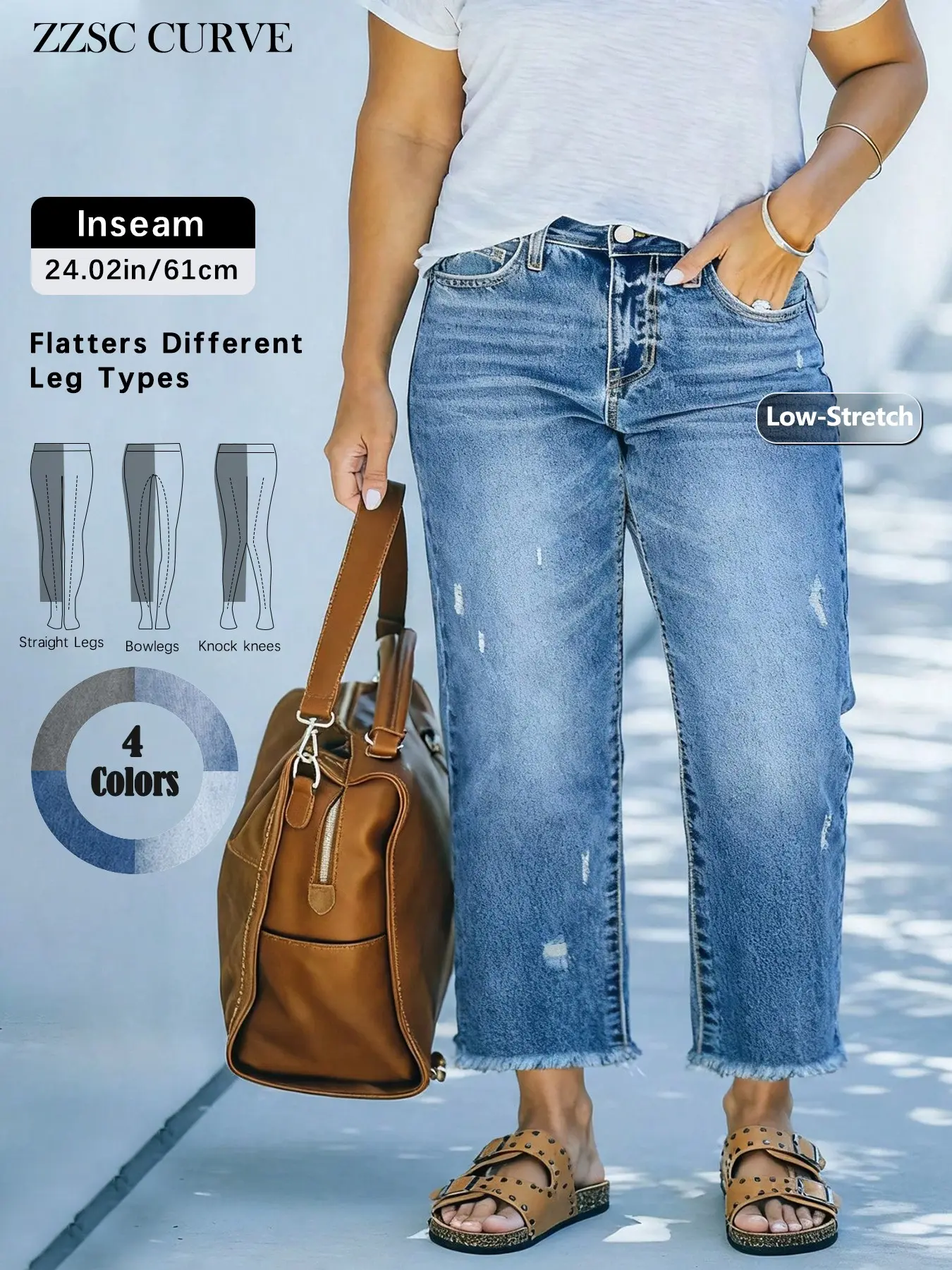 Spring Summer New Plus Size Women's Jeans Washed Blue Elastic Loose Fit Hem Straight Leg Nine-Quarter Pants, Solid Pattern