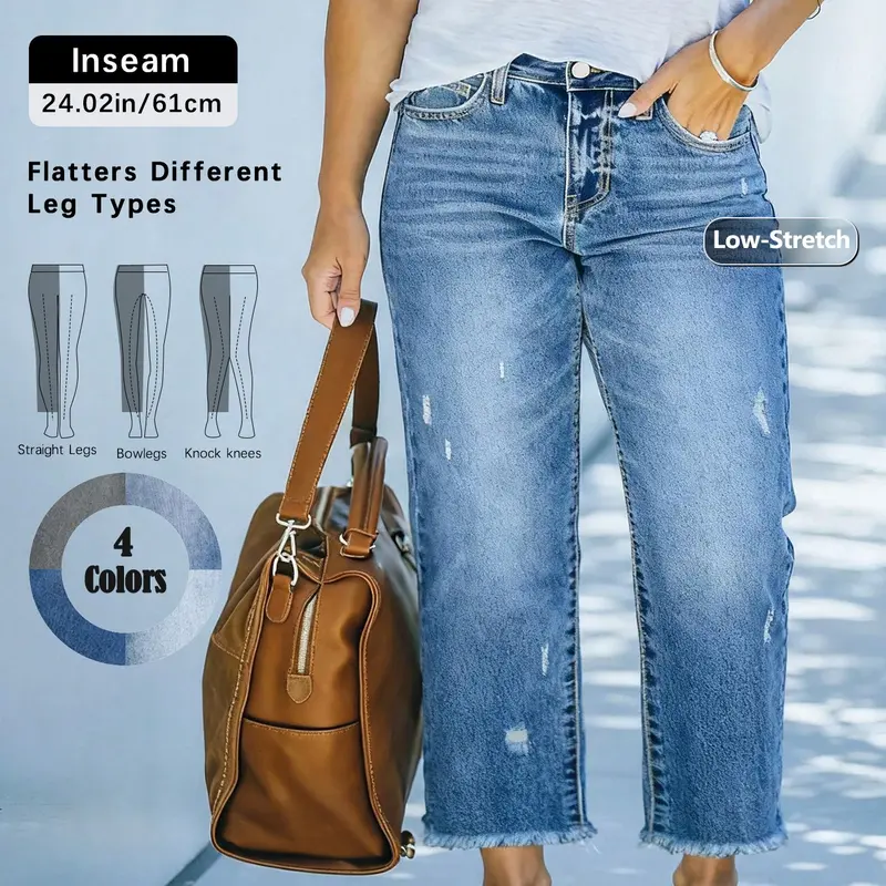 【Black Friday】Women's Plus-Size Cropped Straight-Leg Jeans, Low-Stretch Washed Denim with Raw Hem and Relaxed Fit for Spring and Summer
