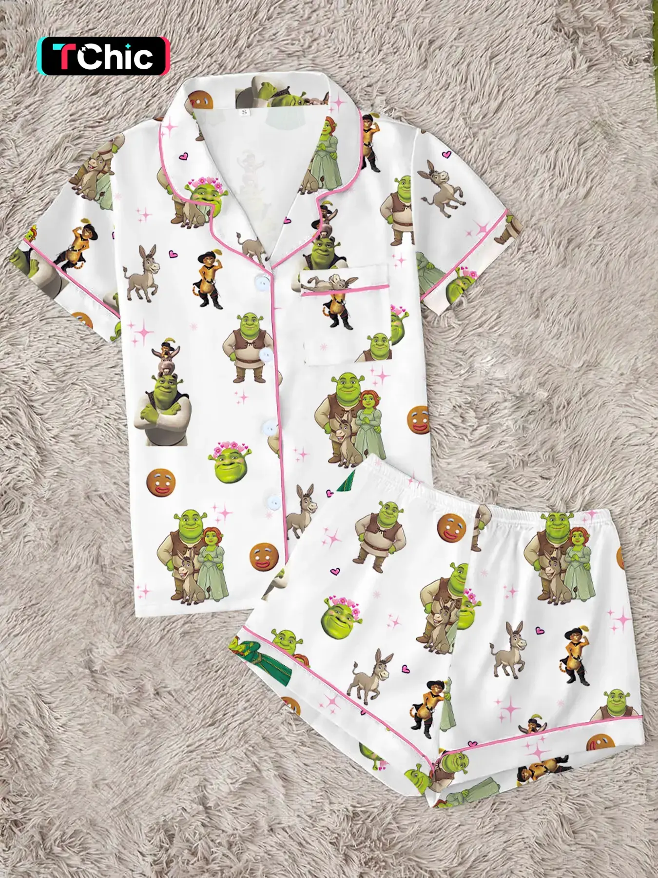 Y2K Nostalgic Fairy Tale Ogre Pajama Set | Funny Green Monster & Friends Graphic Sleepwear | Soft Short Sleeve Button Down Lounge Outfit | Quirky 2-Piece Summer PJs | Novelty Meme Nightwear