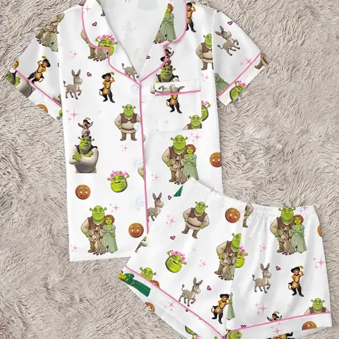 Y2K Nostalgic Green Monster & Friends Pattern 2-Piece Pajama Set, Funny Graphic Nightwear, Soft Short-Sleeve Button-Down Shirt & Elastic Waist Shorts, Summer Loungewear, Shorts Pj Set