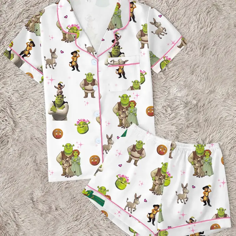 Y2K Nostalgic Green Monster & Friends Pattern 2-Piece Pajama Set, Funny Graphic Nightwear, Soft Short-Sleeve Button-Down Shirt & Elastic Waist Shorts, Summer Loungewear, Shorts Pj Set