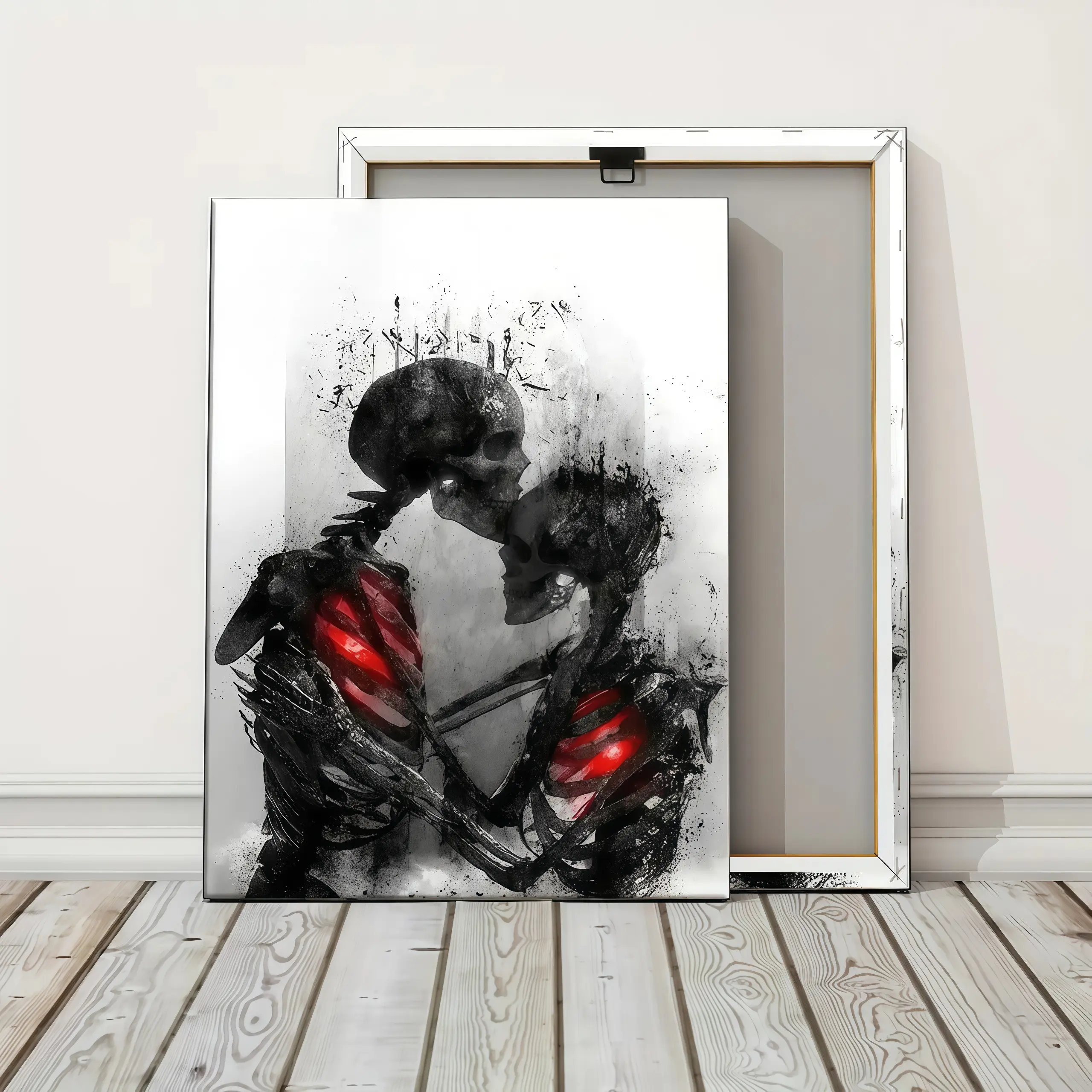 1 Count Wooden Framed Romantic Hugging Couple Skull Wall Art, Skull Love Decor, Romantic Skeleton Design Canvas Posters, Gothic Wall Decor, Couple Wall Art, Ready To Hang, Gift Idea, Couple Canvas Painting, Gothic Aesthetic Artwork,