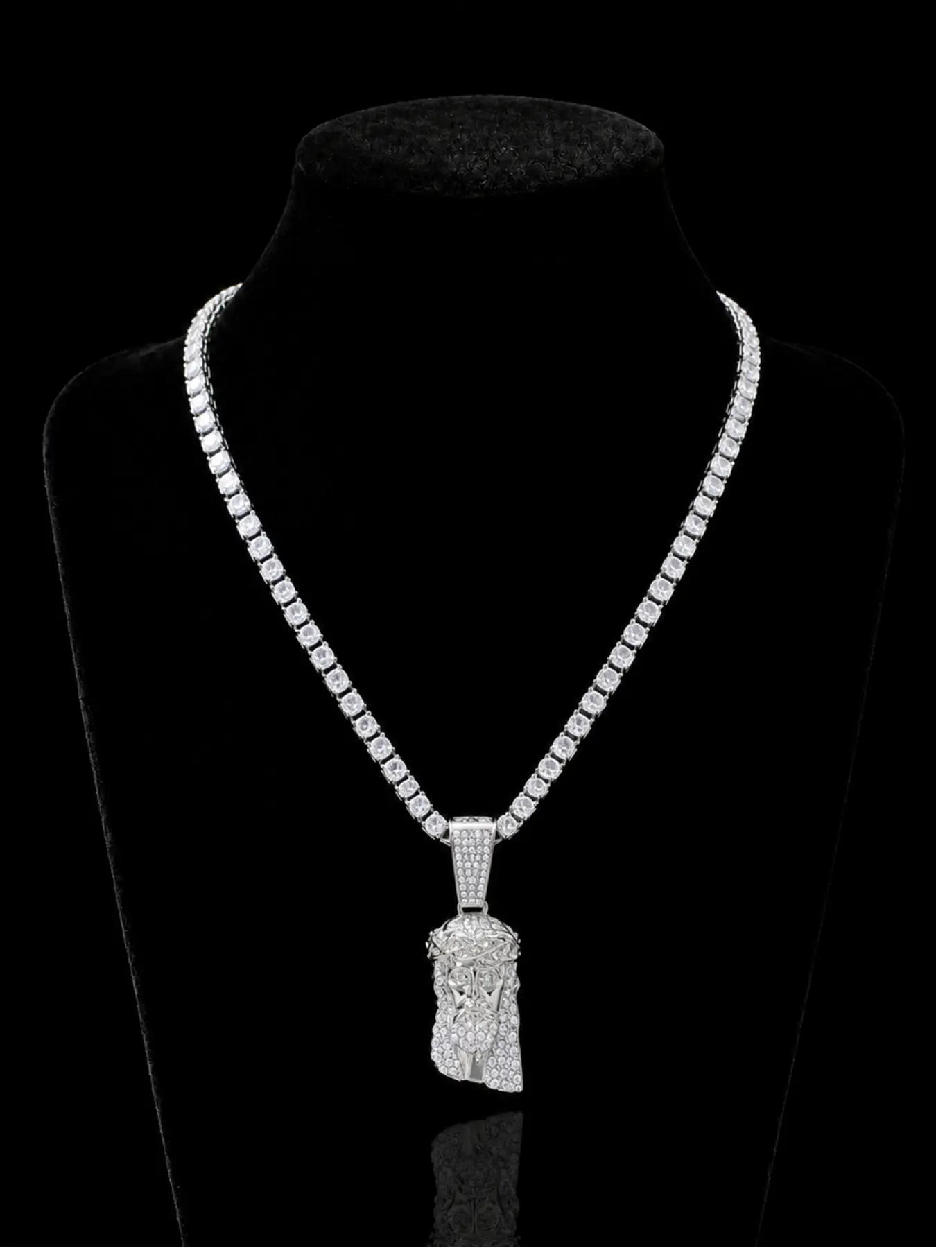 Full Stone Embossed Figure Pendant Tennis Chain Chunky Necklace, Retro American Hip Hop Neck Jewelry Unisex, Streetwear Stage Shooting Statement Accessory & Trendy Birthday Gift For Hip-hop Fans