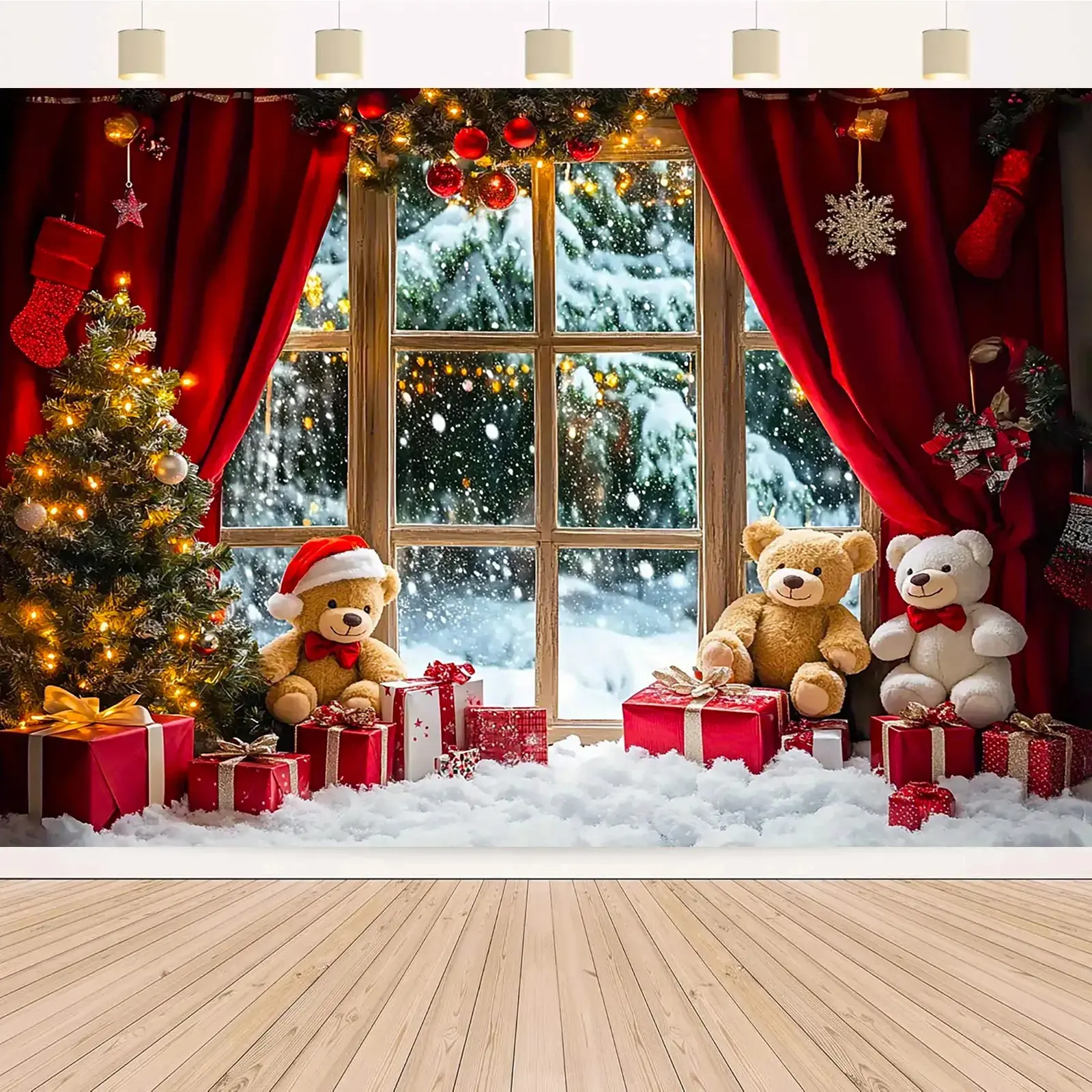 Polyester Christmas & New Year Photo Backdrops - Winter Scene with Xmas Tree & Teddy Bears, Non-Electric Party Decorations Banners, Multi-Size Holiday Backdrops for Weddings, Birthday Events