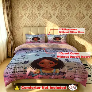 The 3-piece black girl and butterfly "God Says You're Great" bedding set includes one bedspread and two pillowcases, without fillings. It's soft and comfortable, suitable for single beds, double beds, and can be used in bedrooms, dormitories, and h