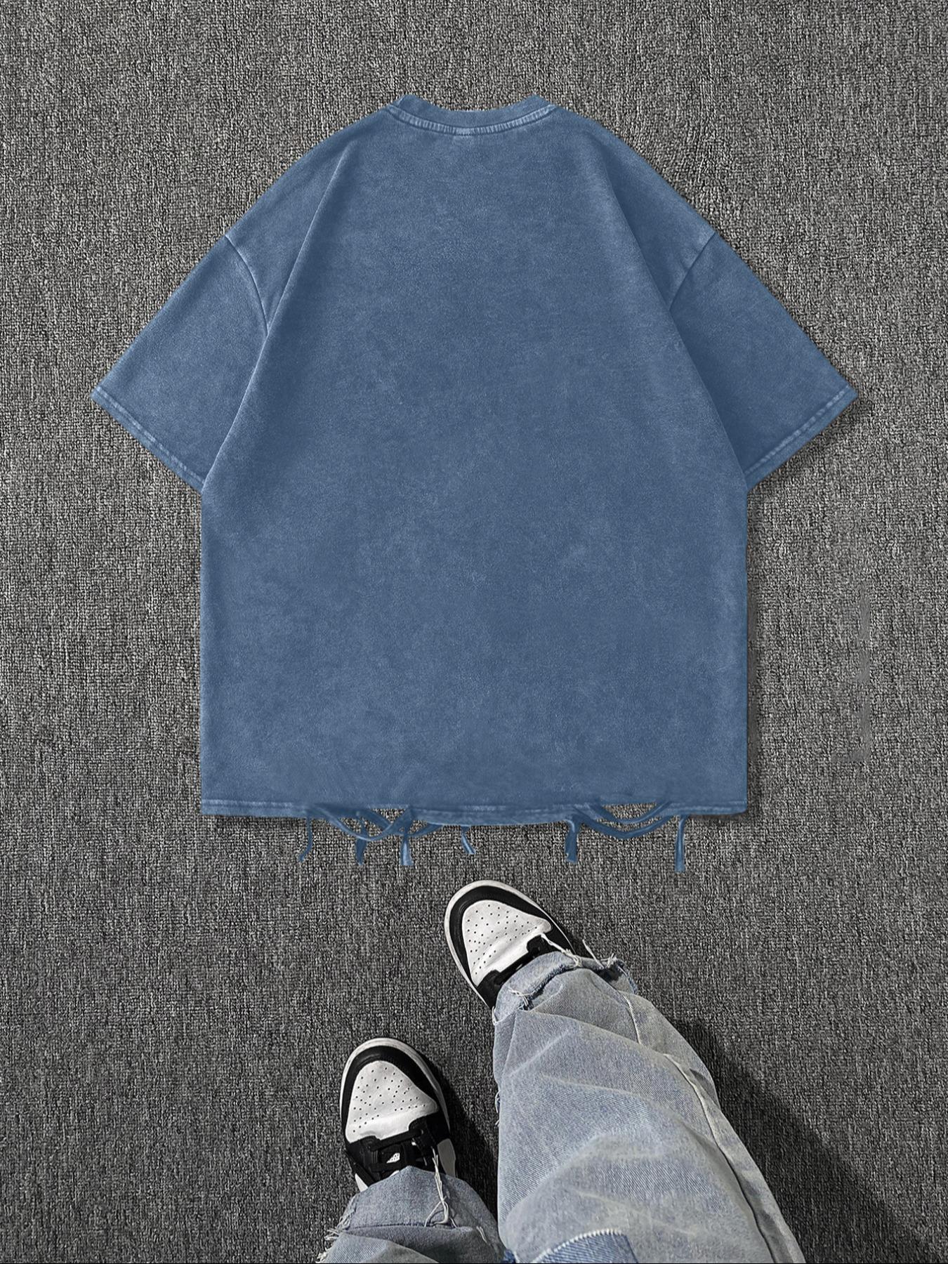 Men's Vintage Letter Print Raw Hem Round Neck Tee, Regular Fit Casual Short Sleeve T-shirt, Men's Summer Top for Daily Wear, Cotton