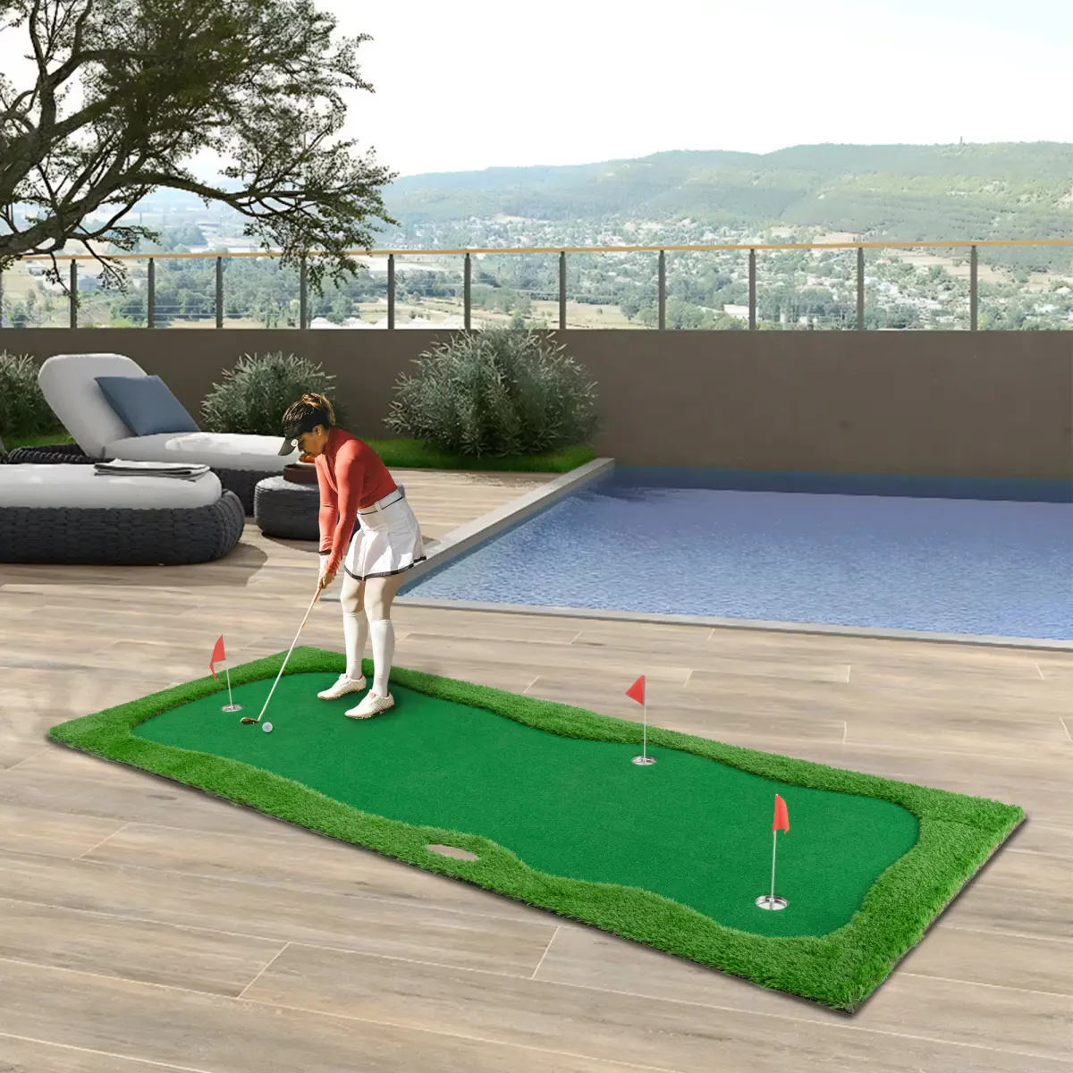 Aobtkel Roll-Up Golf Putting Green - 12x5 FT Realistic Turf Golf Training Mat with PP+Rubber Base, 3 Holes, 3 Flags & Cups for Indoor/Outdoor Use, Fixed Size