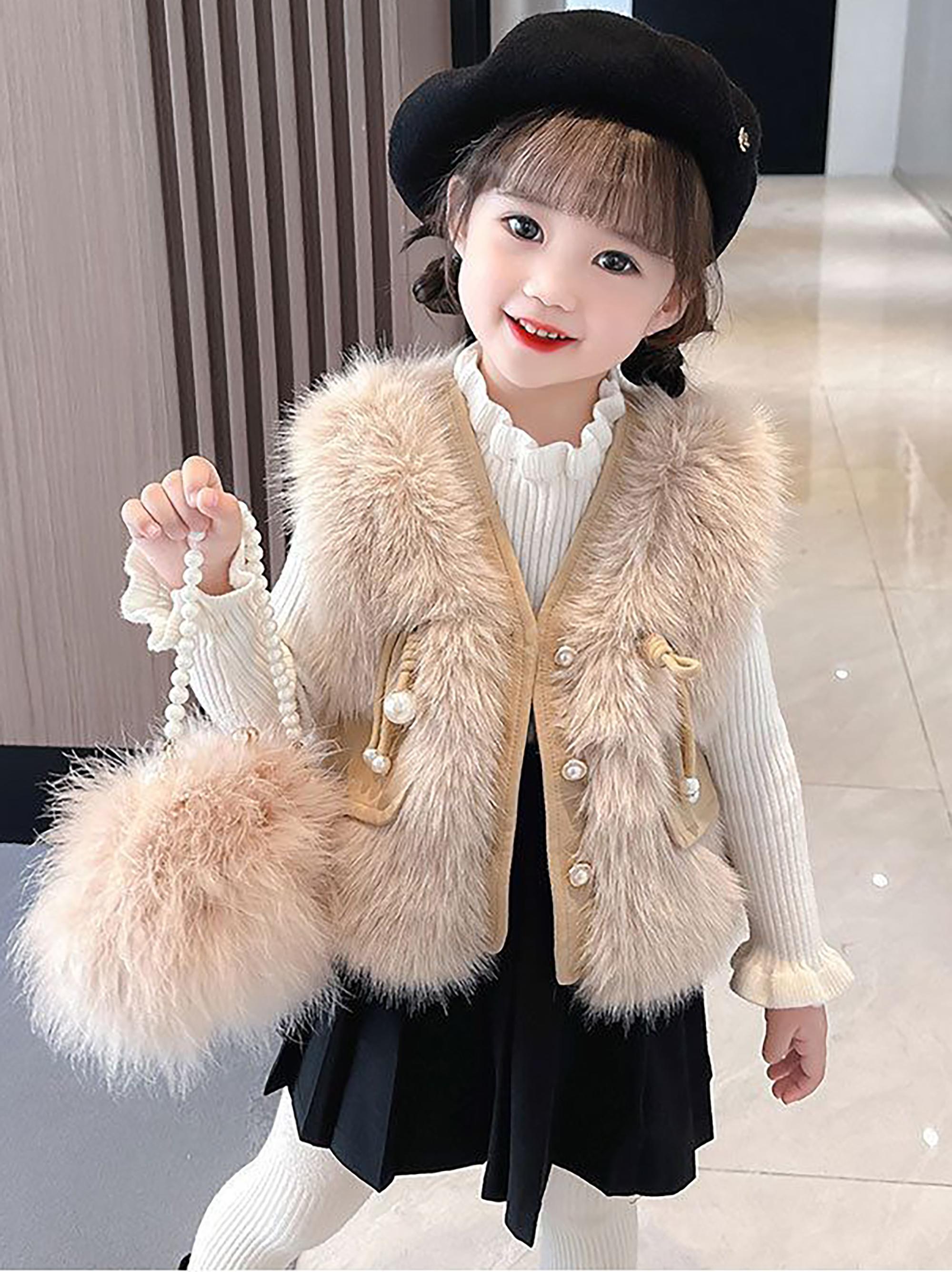 Girls' Thickened Winter Vest Jacket - Soft Pink Plush & Zipper Closure, Cozy Polyester Sleeveless Coat with Ruffled Collar & Waist Tie, Casual Elegant Outerwear for & Little Girls (Spring/Autumn) - Easy-Care Durable Design