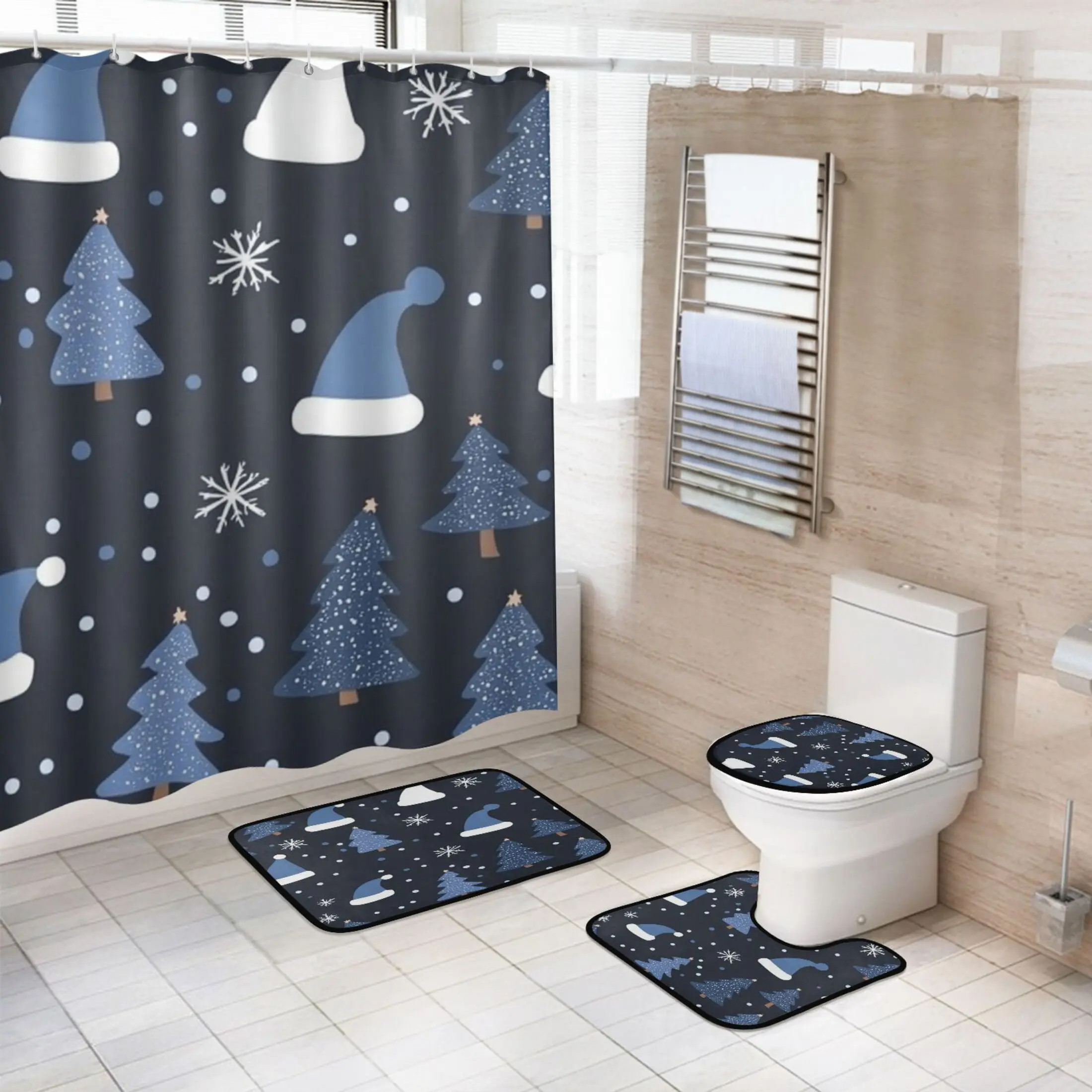 Modern 4-Piece Christmas Bathroom Set Pack - Waterproof Shower Curtain, Non-Slip Bath Mat, U-Shaped Mat, Toilet Lid Cover (Snowy Pine Trees & Santa Hats Design)