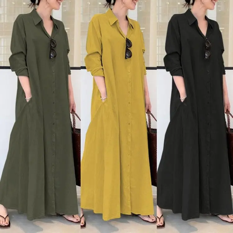 2025 Style Cotton Linen Solid Color Turn-down Collar Long Sleeve Pocket Simple Loose Casual Long Shirt Dress
