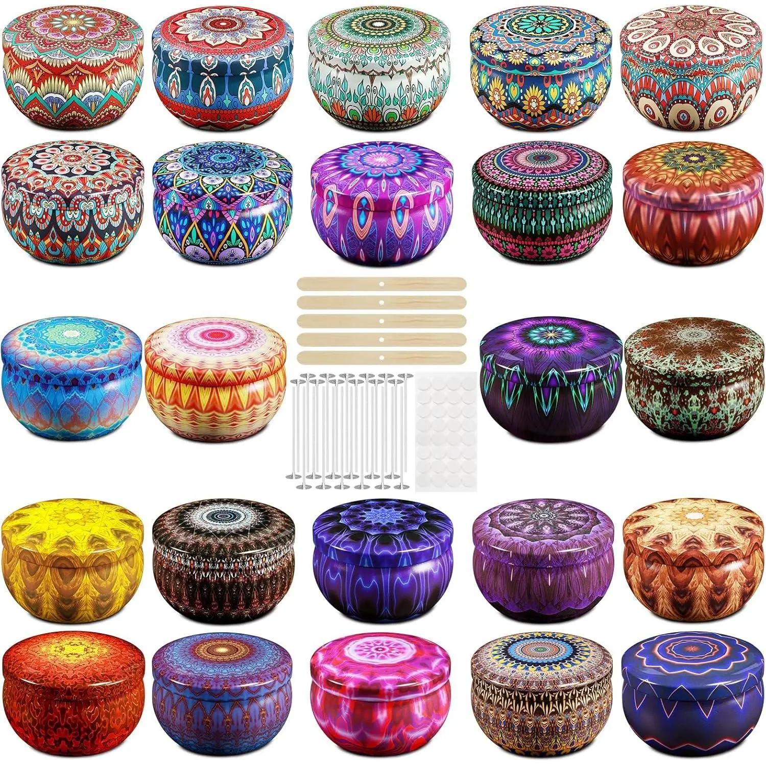24 Pack 2.5 oz Empty Candle Tins with Lids, Simple Candle Making Kit Includes 26 Wicks, 5 Holders & 32 Stickers, Multi-Purpose Storage Containers for Crafts & Small Items