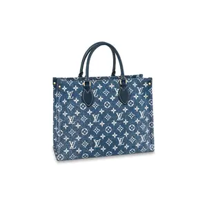 Louis Vuitton OnTheGo MM Tote Bag for Women, Monogram Canvas with Denim and Leather, Contrast Stitching, Jungle Style, Blue