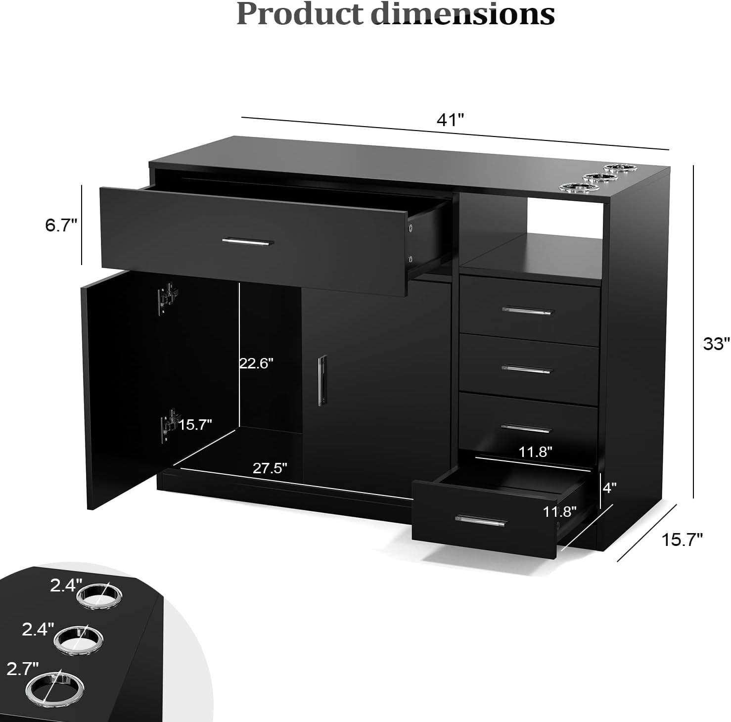 OmySalon Salon Station Free Standing Cabinet, Barber Hair Styling Stations, Beauty Dresser Spa Bathroom Equipment with 5 Drawers, 1 Storage Cabinet, 3 Hair Dryer Holders, Black