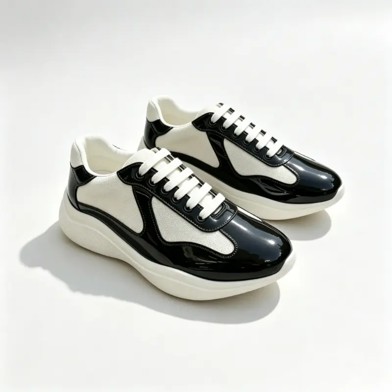 Black White Color Block Platform Sneakers, Lace-Up Breathable Patchwork Casual Walking Shoes, Trendy Retro Athletic Sneakers for Street Style, Daily Travel & Outdoor Wear | patent leather accent