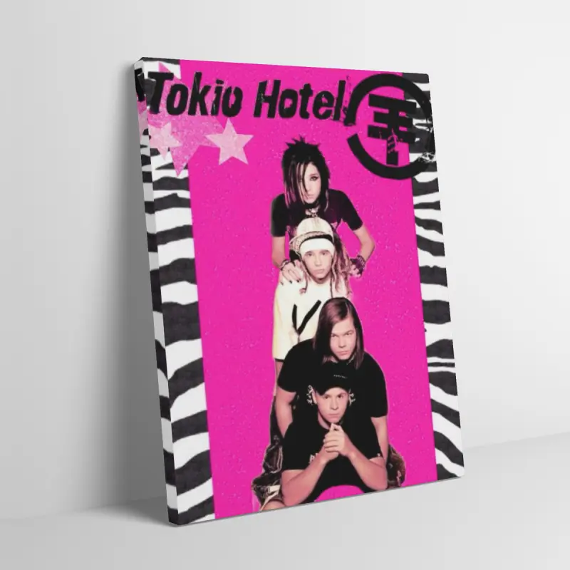 Tokio Hotel Rock Band Pink Zebra Framed Canvas Wall Art Decorative Artwork for Adult Fans, Mid-century Modern Black Flash Manga Wall, Y2K Y3K Aesthetic Room Decor, 1980s Retro Cinematic Poster for Grunge Teens Gen Z