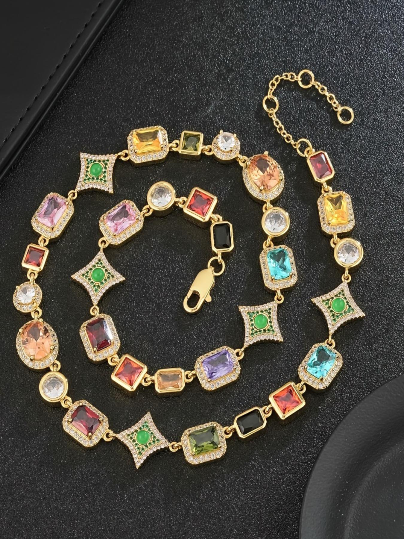 Vintage Colorful Stone Decorated Necklace, Elegant Zircon Stones Necklace for Party, Daily Clothing Decor, Trendy All-match & Exquisite Jewelry for Birthday Gift, Fashion Jewelry Accessories, Multicolor Gemstone Decorated