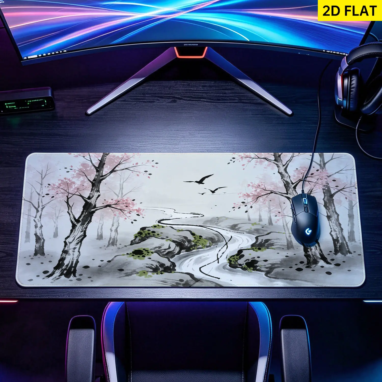 Extra Large cherry blossom ink landscape painting Mouse Pad,Non Slip Rubber Pad,Desktop Decoration Drotection Pad,Washable,Lock Edge Multi Size,Premium Multipurpose Mousepad For Office,Home Desk,Gift for Family and Friends