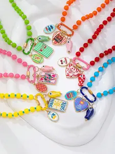 6 Pcs Women's Summer Multicolor Beaded Pendant Necklace Set, Climbing Clip, Enamel Sun Cherry Ocean Pendants, Tropical Fun Jewelry