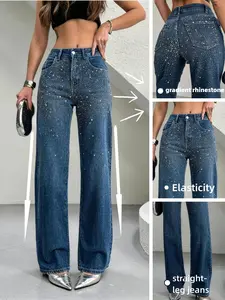 2026SS standard women's jeans with gradient hot stamping, collision of retro denim and luxurious sparkling diamonds, full of sweet, cool and spicy girl style, suitable for various occasions such as dating,