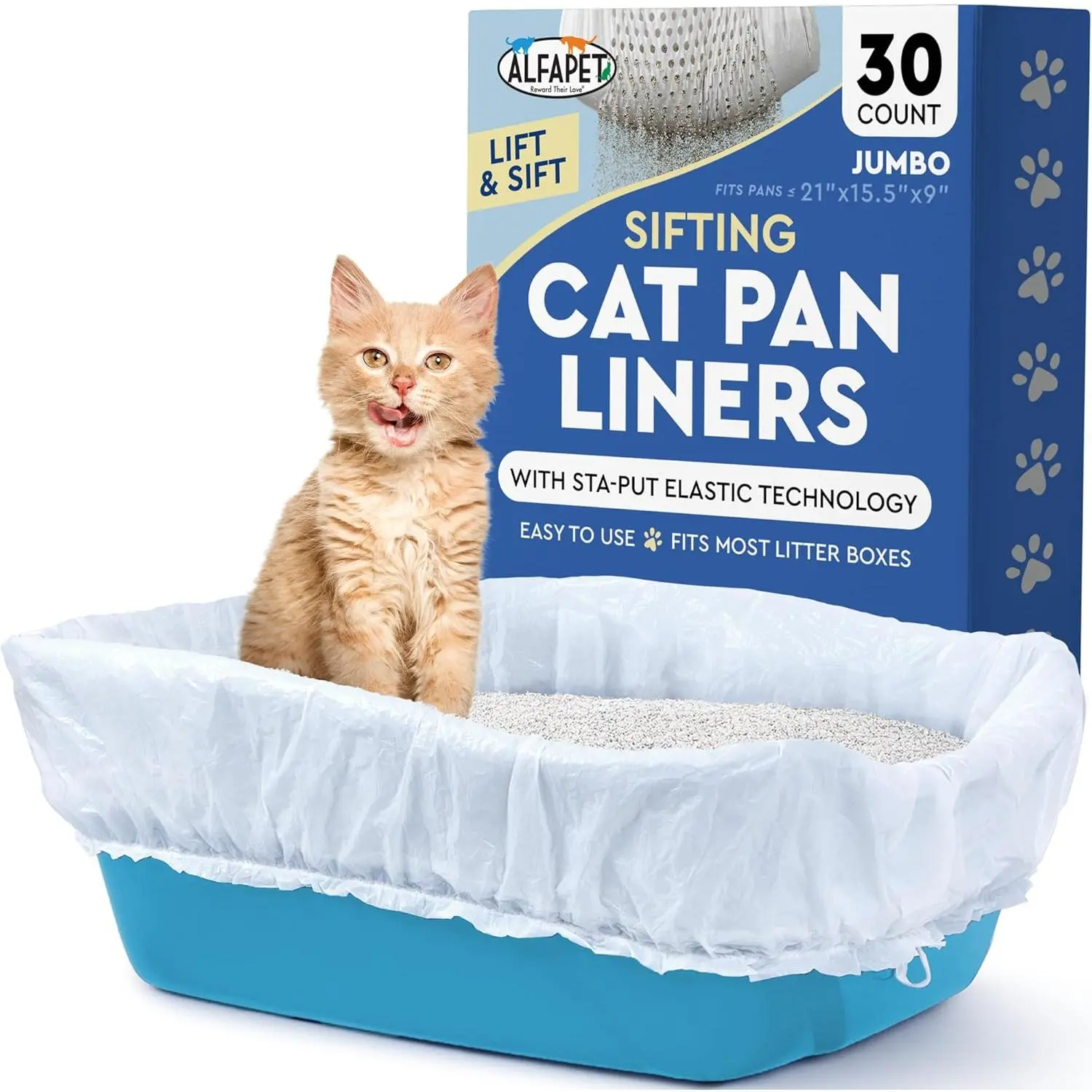 Alfapet Sifting Cat Litter Box Liners - Jumbo 30 Count, Pack of 5 - Tear-Resistant Cat Litter Bags, Waterproof Kitty Litter Liners, Fits Litterbox Pan Sizes X-Large, X-Giant, 37" x 18" 30 lb Capacity