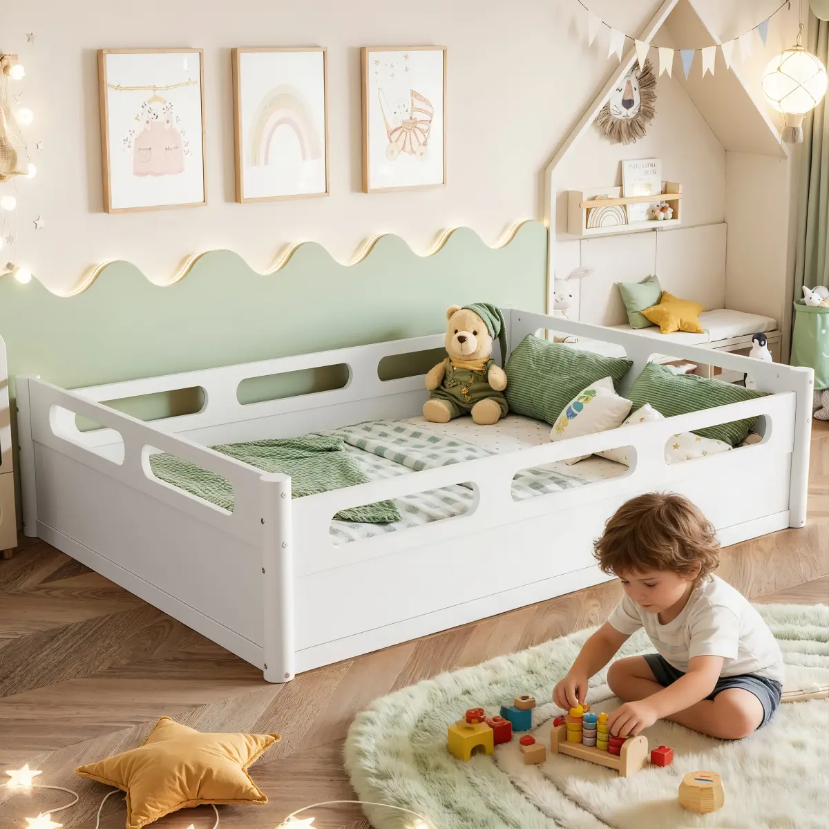Full Size Wood Floor Bed - Modern, Strong, Minimalist Rectangular Design, 78.27"L×57.01"W×16.54"H, Low Profile, Built-in Full-Length Guardrails, No Box Spring Needed, Natural White, Assembly Required