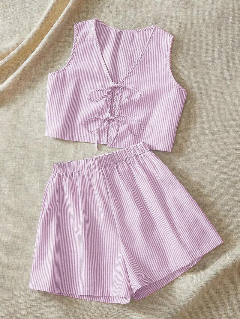 2-piece plaid striped vest and high-waisted loose shorts women's casual suit