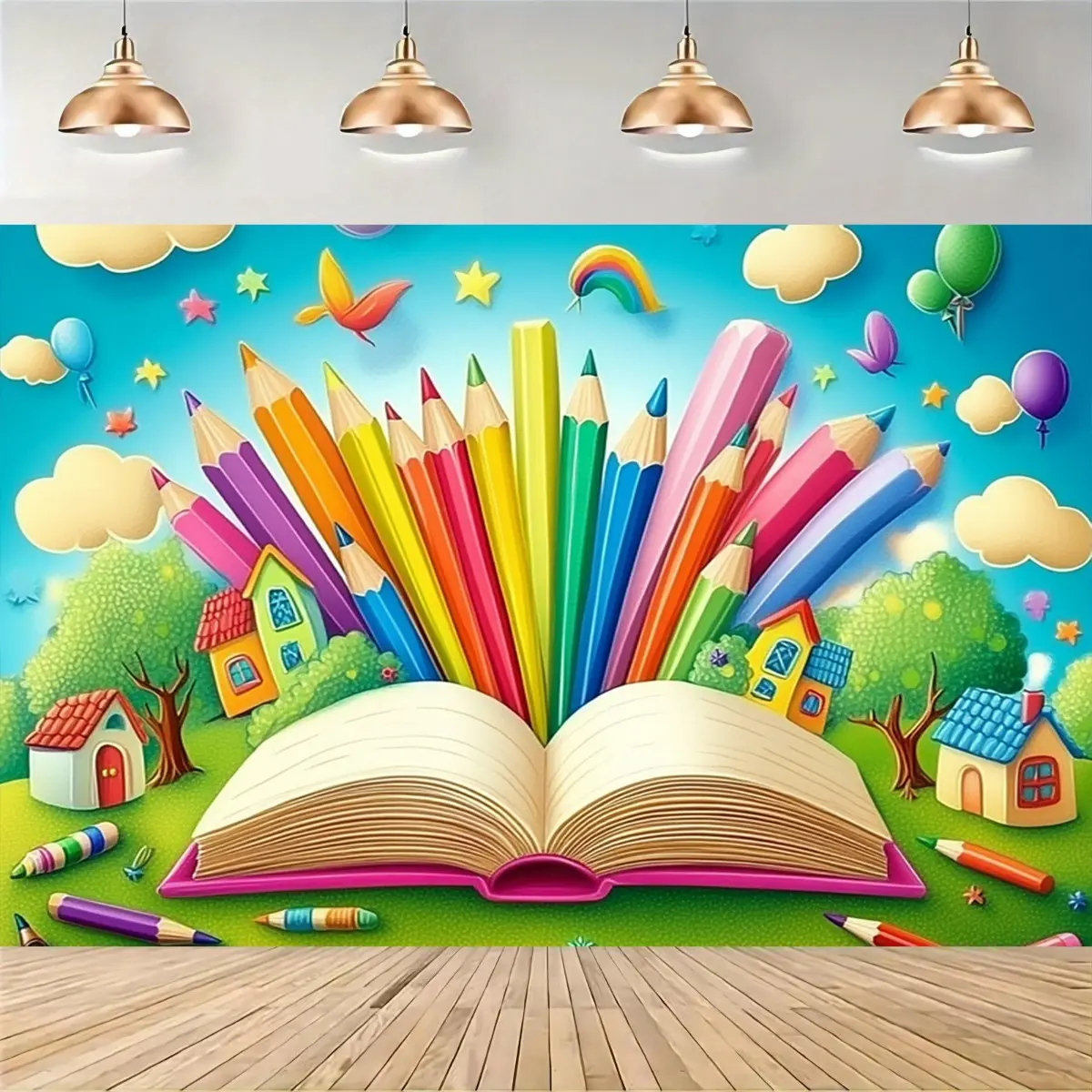 School Is Where Learning Begins Backdrop Banner, Open Book Pencil Theme Polyester Wall Tapestry for Classroom Decor, Party Background and All Season Events