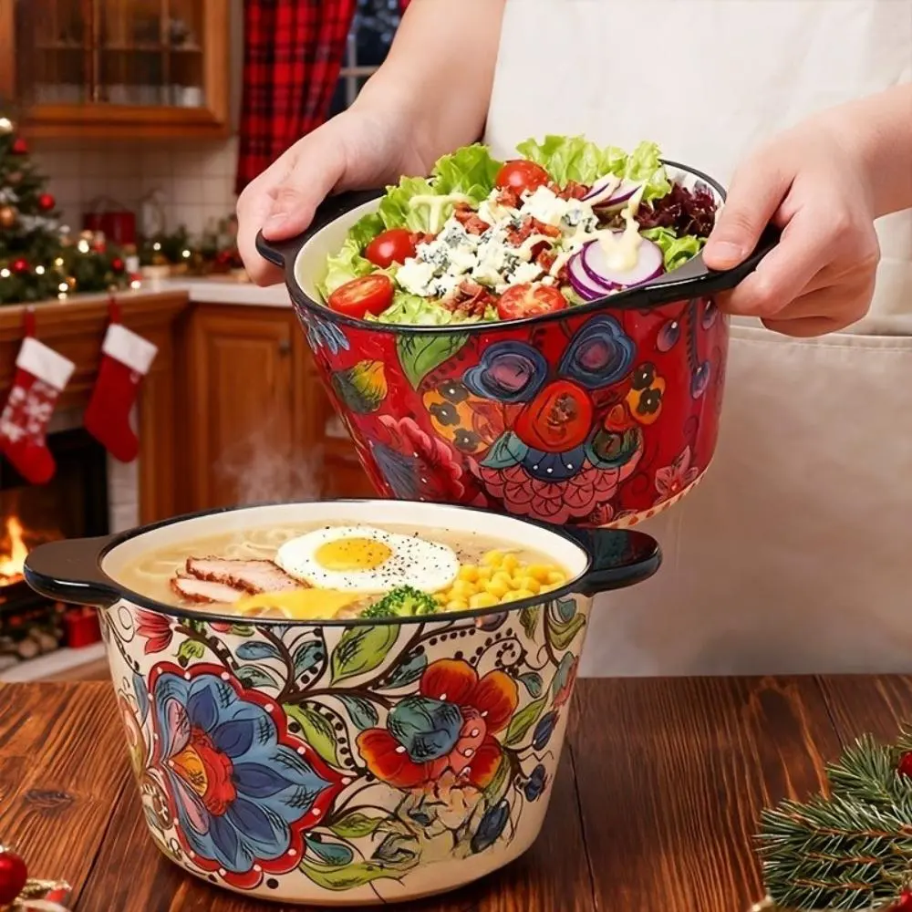 Giant Bohemian Hand-Painted Ceramic Rimmed Bowl with Handle - Extra-Deep Round Home Kitchen Tableware, Dishwasher-Safe, Microwave/Oven-Safe for Serving, Candle Holding, Room Decor Christmas Gifts