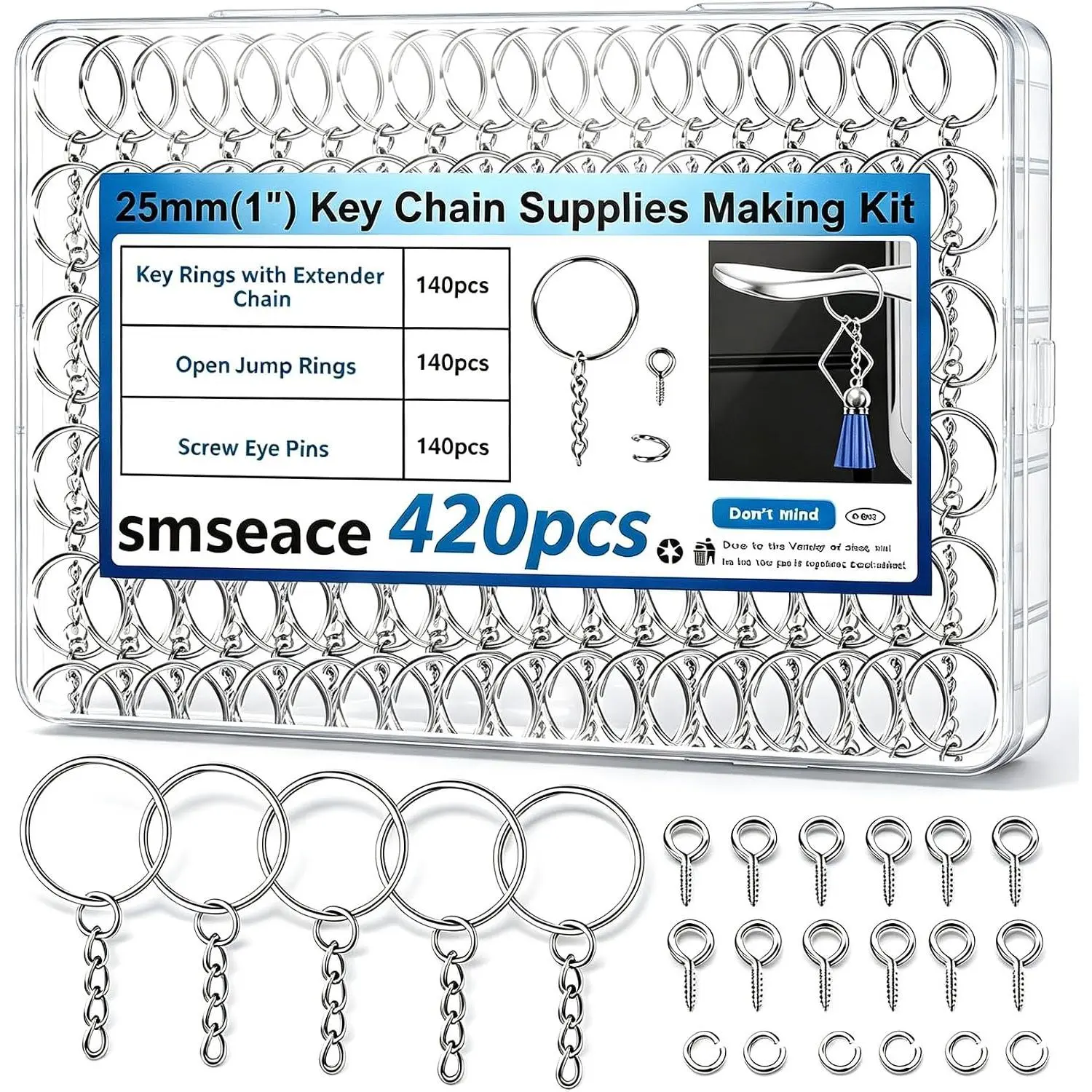 420 count 1" 25mm  Making Kit, Including 140 count  Rings with Chain, Jump Ring, Screw Eye Pins for Keychains//DIY