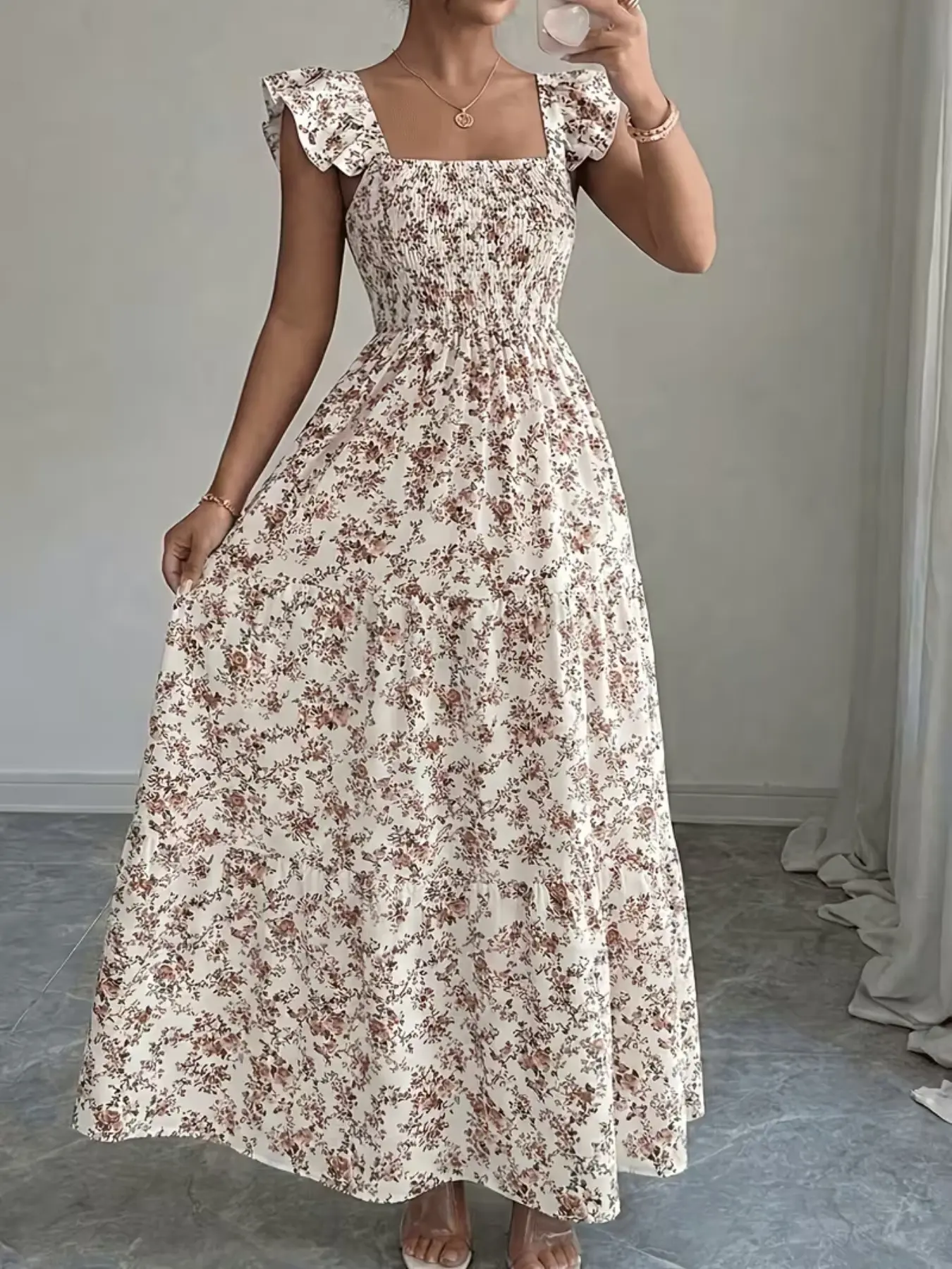 Plus Size Women's Ruched Bust Boho Bohemian Aesthetic Dress, Boho Printed Dress, Layered Cake Skirt, Multi-Piece Frill, Casual Office, Date Night, Picnic, Beach Vacation