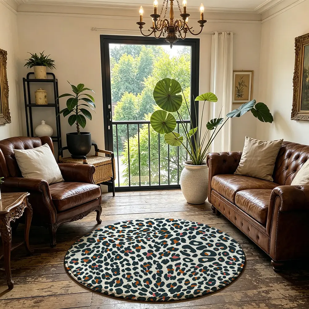 Leopard Print Pattern Round Rug, Machine Washable Soft Non‑Slip Floor Mat for Entry Bedroom Balcony Decor