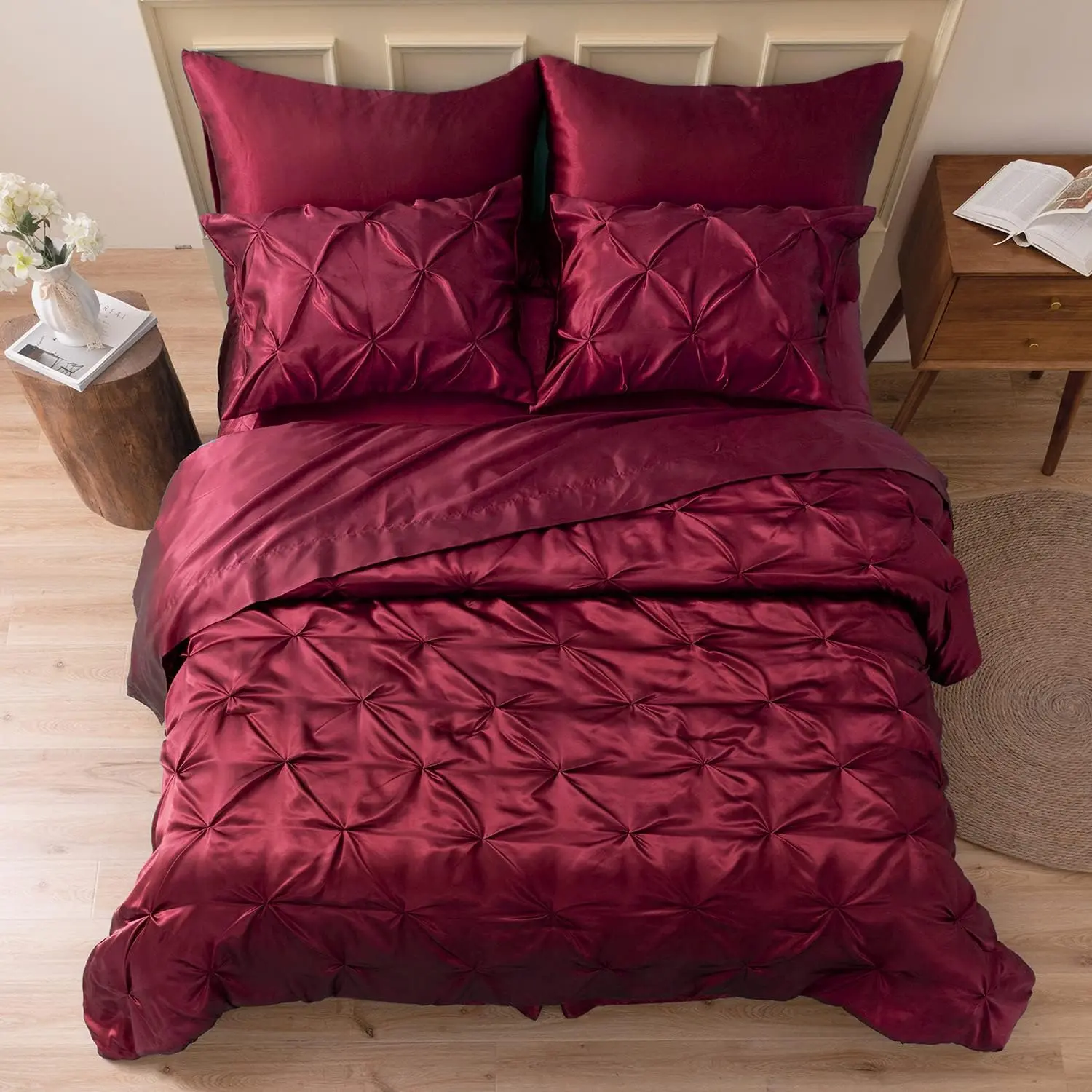 Comforter Queen 7 Pieces - Luxurious Pleat Bedding Set with Comforter, Flat Sheet, Fitted Sheet, Pillowcases & Shams, Soft Bed Set for All Season (Queen, Burgundy)