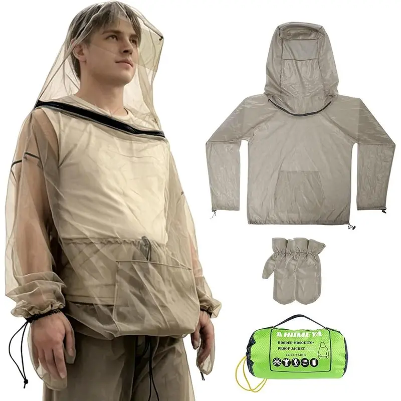 2PCS Mesh Suit with Hood & Gloves, Breathable Zipper Net Jacket Set, Lightweight Outdoor Gear for Camping, Fishing, Hiking & Gardening
