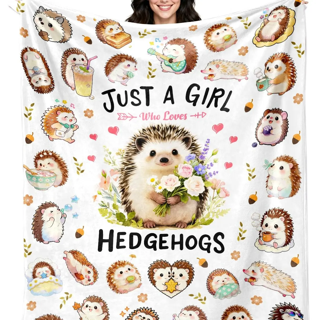 1PC Just A Girl Who Loves Hedgehogs Watercolor Hedgehog All Over Print Flannel Blanket, Cream Background Cute Hedgehog Flower Pinecone Soft Throw Blanket, Pet Hedgehog Lover Nap Cover For Sofa Office, All Season Gentle Forest Aesthetic Decor Bed Throw