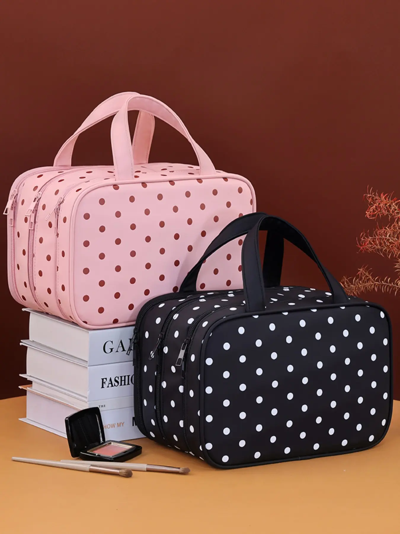 Polka Dot PU Makeup Bag, Large Capacity Travel Cosmetic Organizer, Multi Compartments, Brush Slots, Luggage Strap Design, Portable Handheld