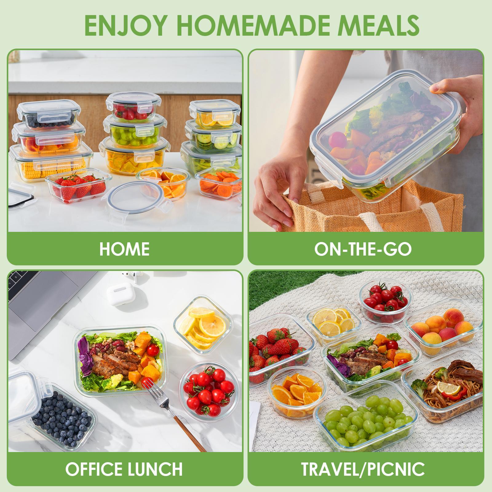 12Pack Airtight Glass Food Storage Containers with Lids,Microwave, and Dishwasher Kitchen Organizer, BPA-Free , Black/Gray Set Utensils