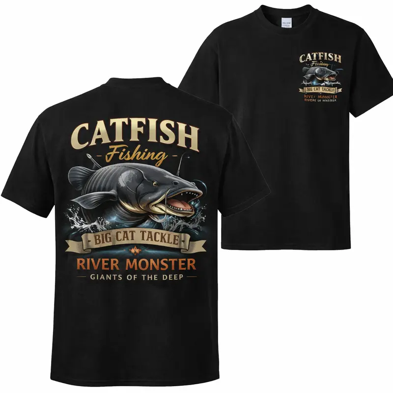 Men’s Catfish Fishing Double Sided Print Black T-Shirt, River Monster Big Cat Tackle Graphic Tee, Vintage Angler Outdoor Casual Short Sleeve Crew Neck Top, Perfect Gift For Catfish Fishermen