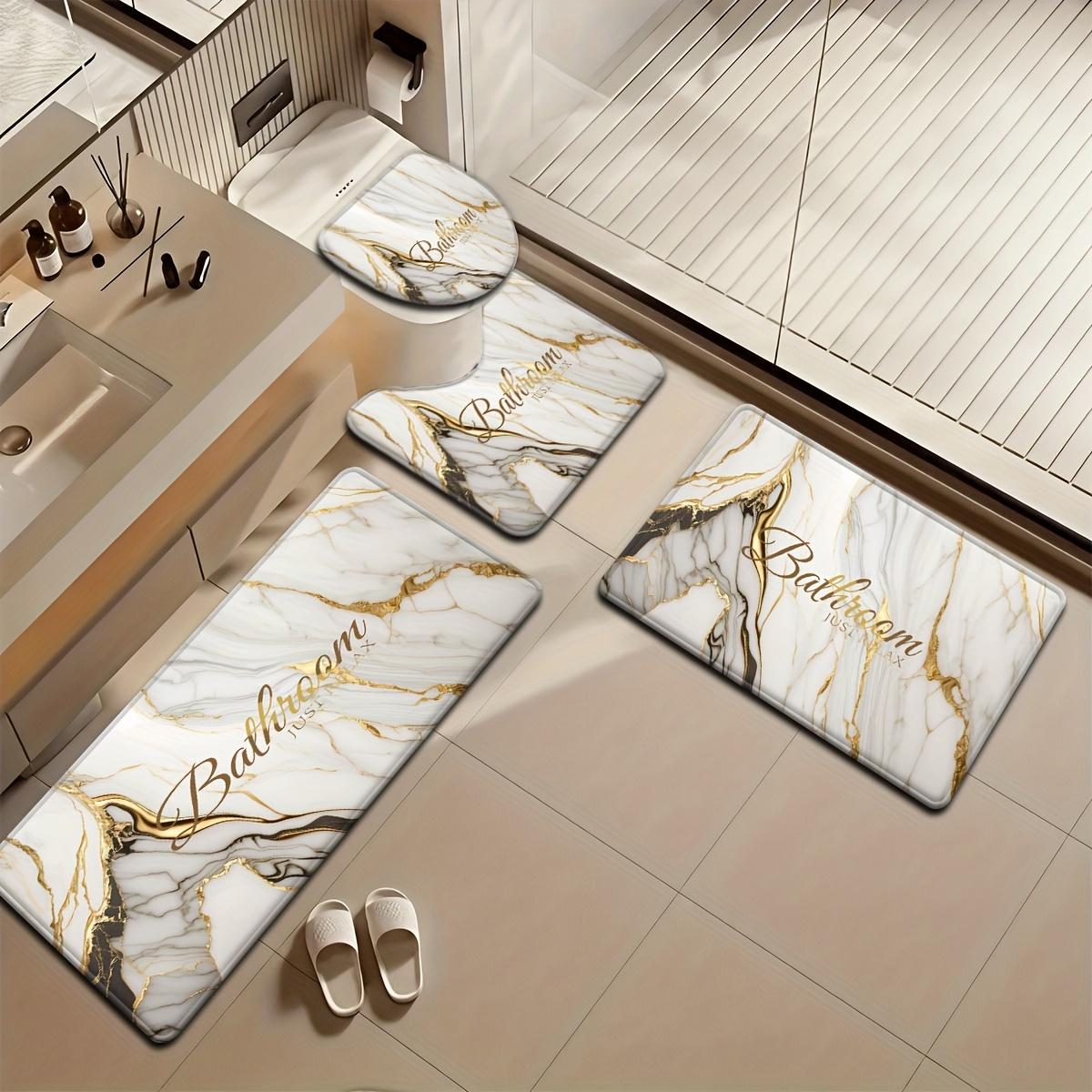 4-Piece Marble Pattern Bathroom Rug Set, Abstract Swirl Ink Fluid Art Bath Mat with "Just Relax" Print, Non-Slip Absorbent Bathroom Accessories with Toilet Lid Cover & U-Shaped Mat for Modern Bathroom Decor
